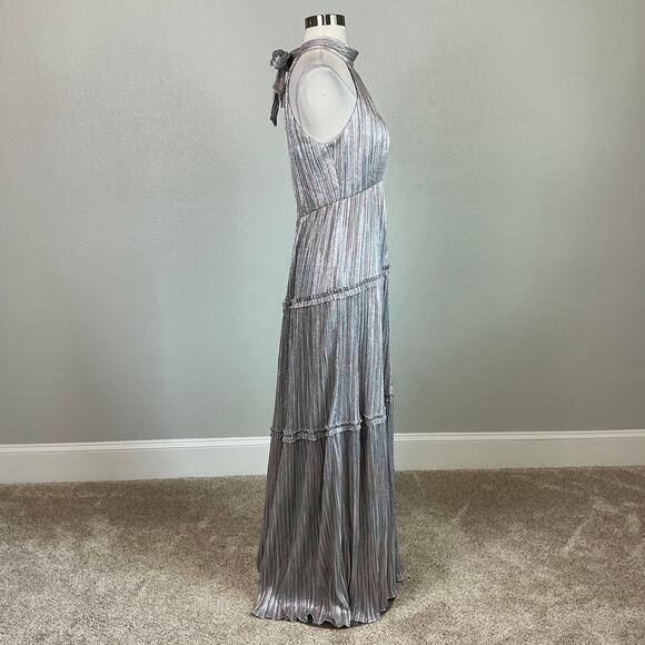 Silver Metallic Halter Evening Gown Size 12 Ruffled A-Line Long Dress by AQUA - Picture 4 of 13